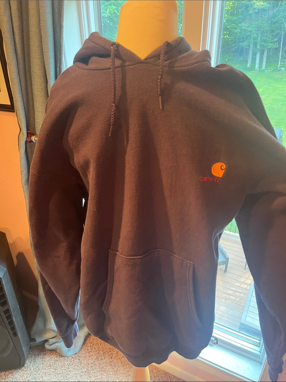 Carhartt Navy Blue Pullover Hoodie with Small Orange Logo